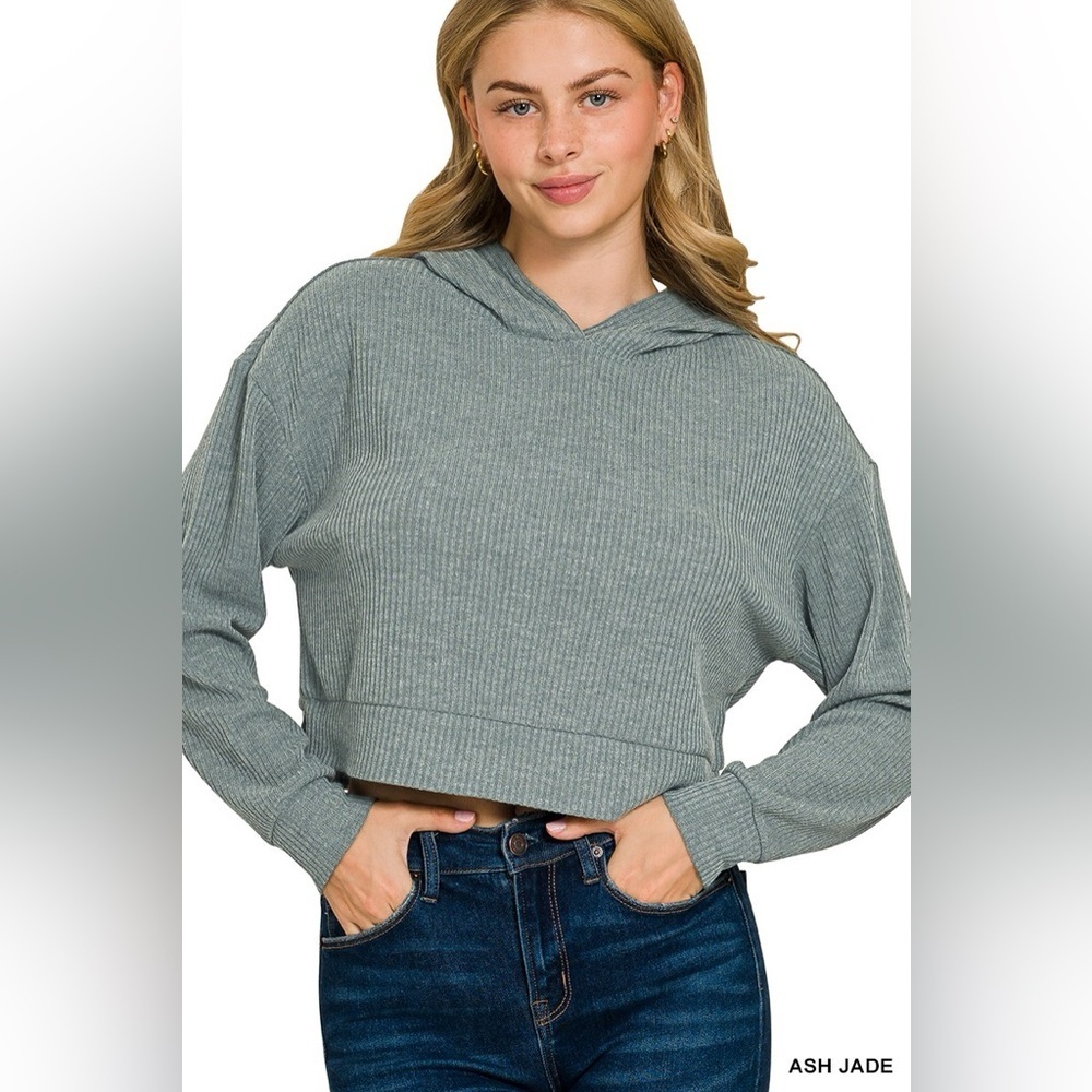 Zenana Drop Shoulder Ribbed Crop Hoodie